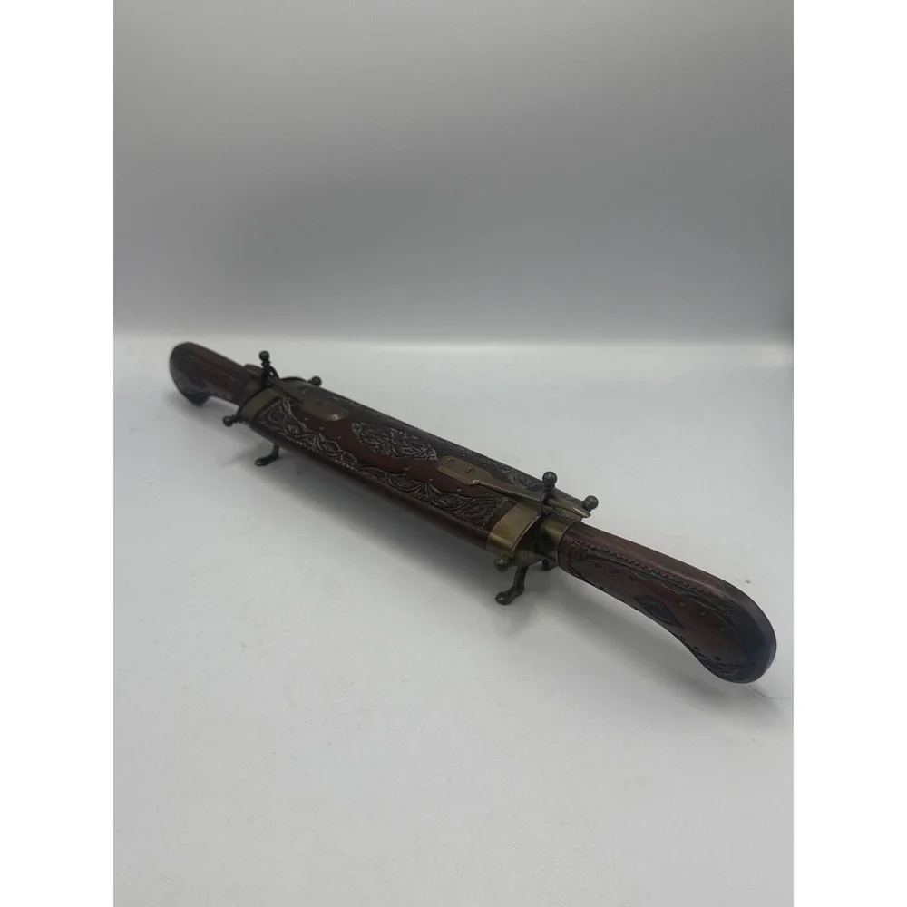 Vintage India Hand Carved Wood Brass Knife Fork‎ Carving Set Sheath Stand 17.5in
